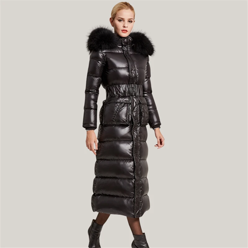 

Женская куртка-пуховик с гусиным пухом, новая тонкая черная зимняя теплая куртка с большим меховым воротником, высокое качество, 10% белый ут...