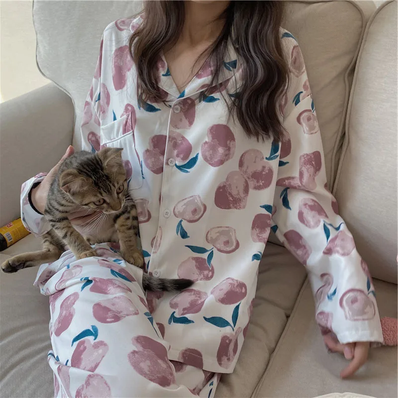 

Sleepwear Long-sleeved Women's Pajamas Autumn New Product Cute Peach Print Cardigan Home Clothes Suit