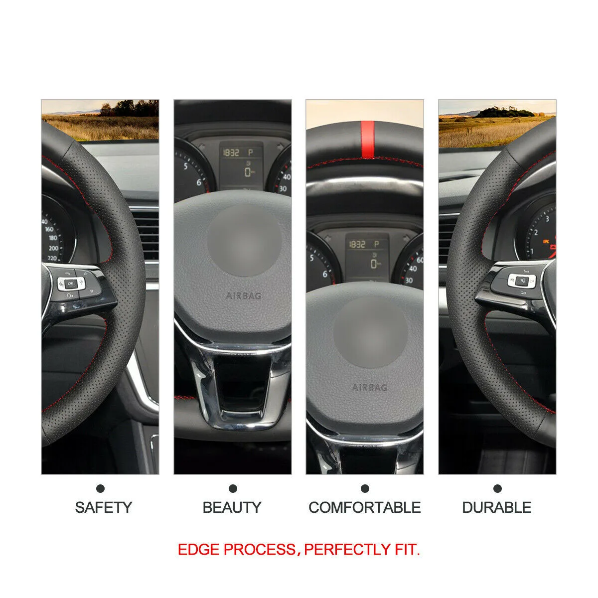 

Hand Stitch Black Artificial Leather(PU) Steering Wheel Cover for Volkswagen VW Golf 7 e-Golf Jetta Arteon Atlas