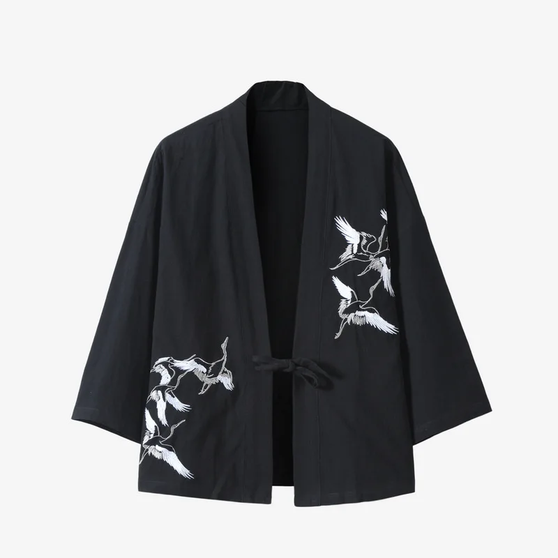 Japanese Style Kimono Robes Traditional Crane Print Haori Cardigan Asian Clothes Samurai Yukata Men Jackets Hip Hop Streetwear