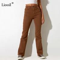 women high waisted brown stretch jeans straight leg pants with pockets streetwear sexy skinny cotton denim trousers long pants