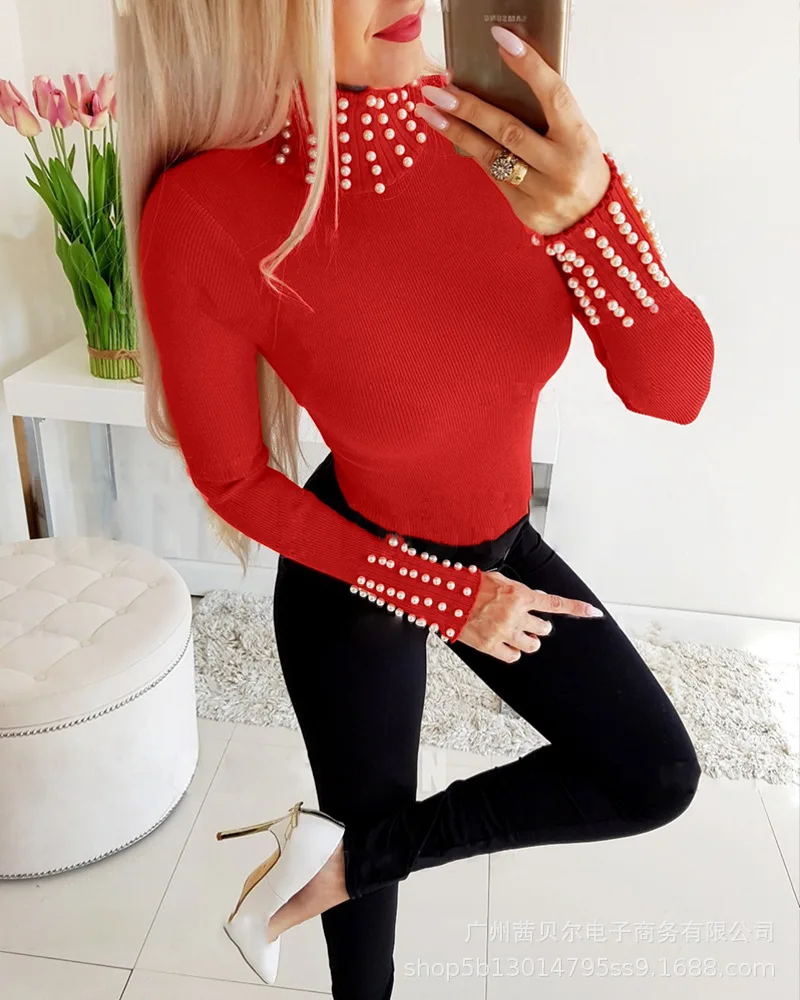 

Женский свитер, пуловер с бусинами, водолазка с длинным рукавом, шерстяной топ, осенне-зимние свитера, вязаные пуловеры, топы