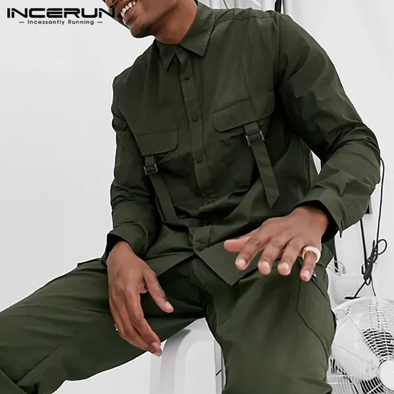

2021 Men Casual Shirt Solid Color Turn Down Collar Long Sleeve Streetwear Cargo Shirts Men Button Fashion Camisas S-5XL INCERUN