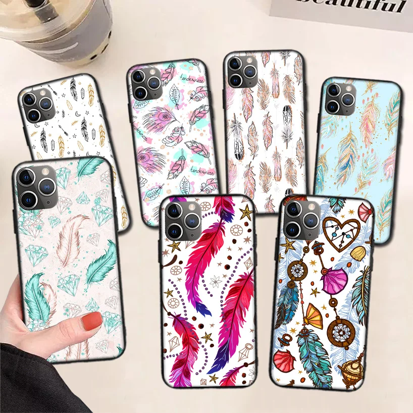 

Colorful Feather Phone Case For iPhone 13 Pro Max 11 12 Pro XS Max XR X 7 8 6 6S Plus 13 Mini SE 2020 Back Cover Coque Funda