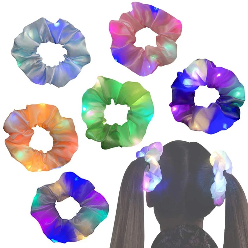 

6Pcs LED Light Up Hair Scrunchies Colorful Luminous Satin Silky Hair Tie Band Elastic Ponytail Holder Party Favors