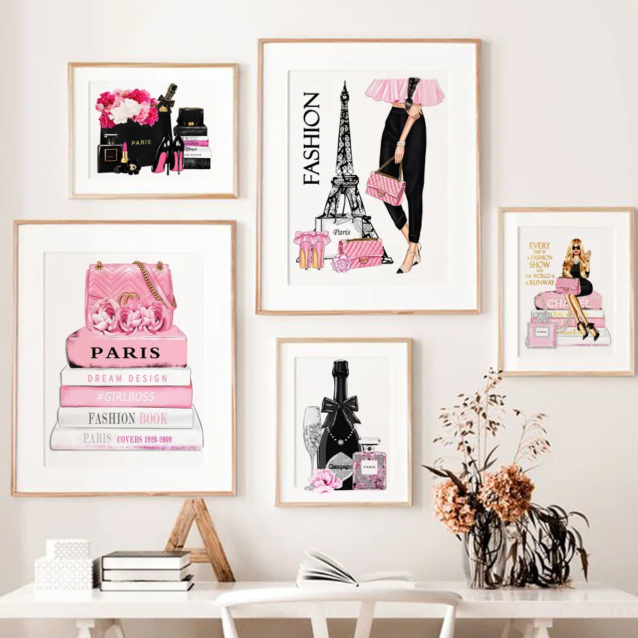 

Vogue Girl Flower Bag Perfume Champagne Book Wall Art Canvas Painting Posters And Prints Wall Pictures For Living Room Decor