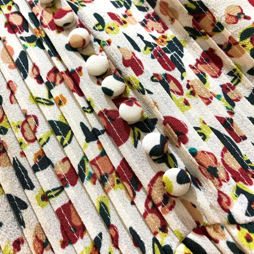 

2020 New Summer Women Floral Print Dress Long Sleeve Pleated V-neck Lady knee-length Dresses Holiday Summer Silk Sundress