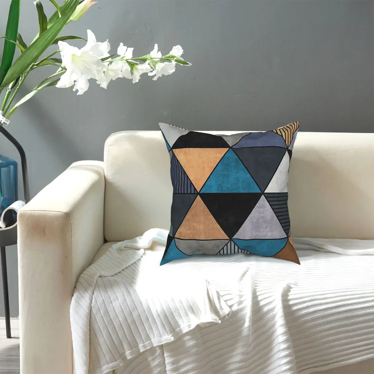 

Abstract Art Colorful Concrete Triangles Blue, Grey, Brown Throw Pillow Cover Cushions for Sofa Vintage Pillowcover Home Deco