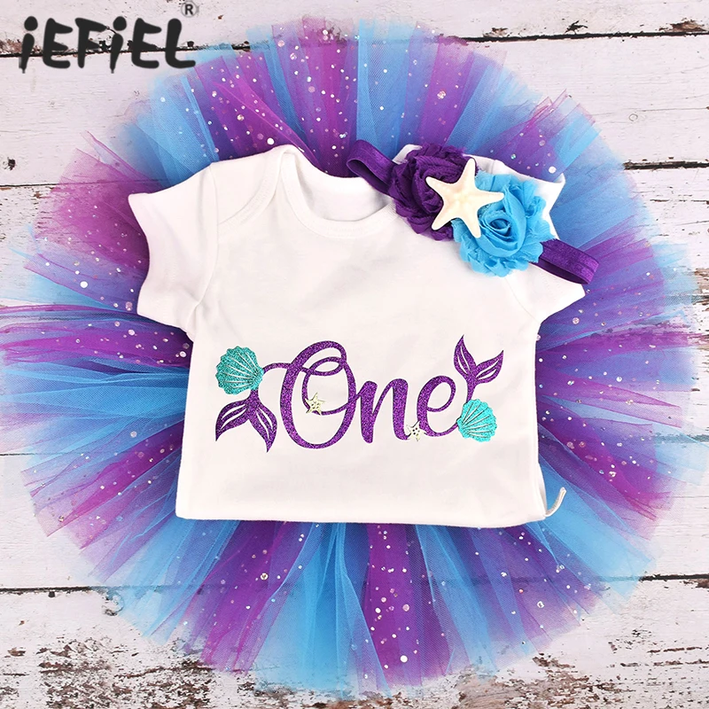 Baby Girl One Year Dress Mermaid 1 First Birthday Outfit Summer Baby Romper Clothes Tulle Mesh Party Tutu Skirt Set Clothing