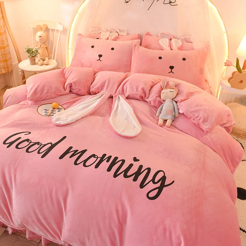 

Cartoon Style Fleece Thickened Bed Skirt Four-Piece Set Plush Surface Double-Sided Velvet Warm Milk Fiber Bedding Set