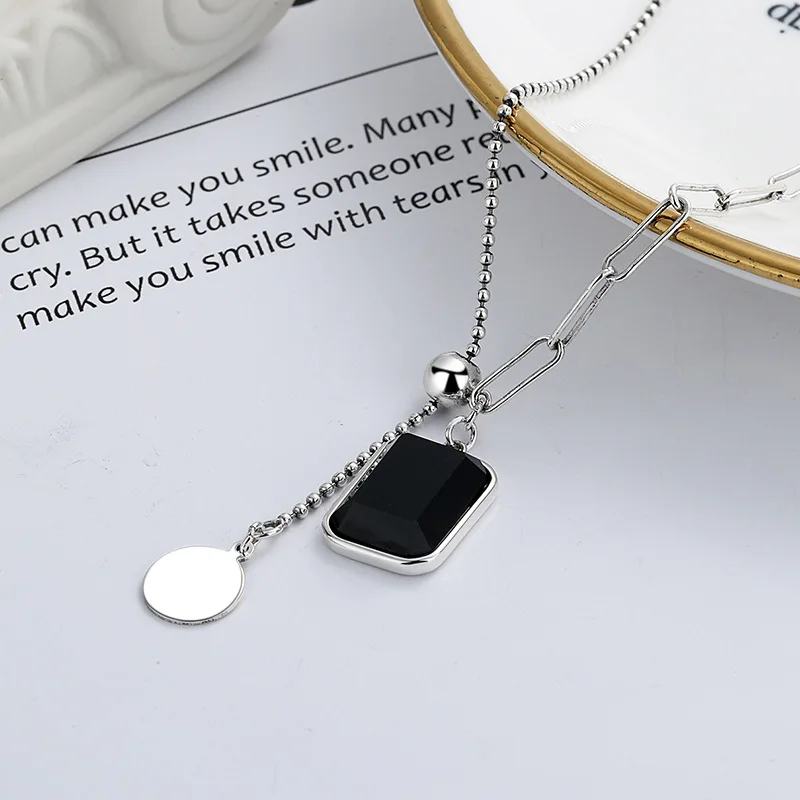 New Pattern S925 Sterling Silver Vintage Fashion Element Chain Splicing Black Zircon Trend Personalized Womens Necklace Gift
