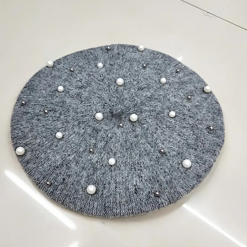Однотонный Французский Берет зимние шерстяные, с перламутром шляпа Женская милая круглая Лыжная Шапка любовные подарки для подруги теплая шапка одежда аксессуары
