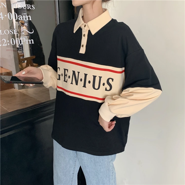 

turn-down collar casual full turn-down collar pullovers Spring and autumn Sweatshirts Women's Clothing high quality Korean tops