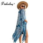 Винтажное летнее кимоно Fitshinling, женская Пляжная накидка с цветочным принтом и бахромой, одежда для плавания, облегающий пикантный Свободный кардиган большого размера, Лидер продаж 2021