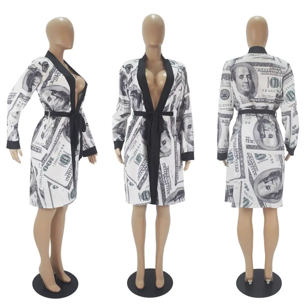 

Vintage US Dollar Print Long Jackets Coat Women Sexy Belt Lace Up Bandage Loose Lounge wear Pajamas Homewear Long Coat