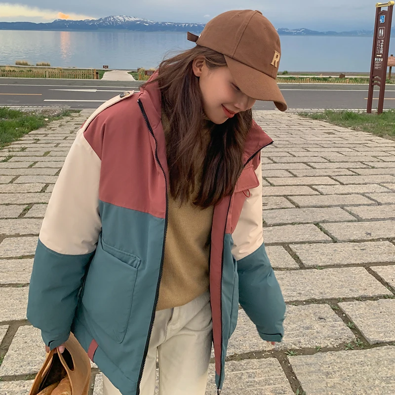 

Рабочая одежда, куртка, женская модная парка, куртка, осень и зима, в Корейском стиле, свободная контрастная Женская ветровка большого разме...