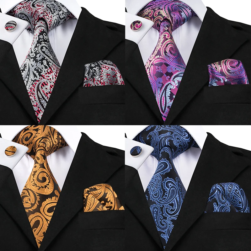 Hi-Tie Luxury Men's Tie Set Gold Navy Purple Paisley 100% Silk Necktie 8.5cm Ties For Men Handkerchief Cufflinks Wedding | Аксессуары