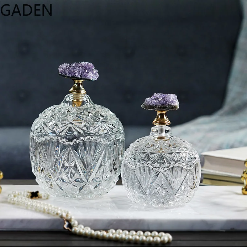 

French Glass Candy Jar Amethyst Lid Storage Jar Retro Aroma Candle Jar with Lid Jewelry Storage Box Living Room Home Decoration