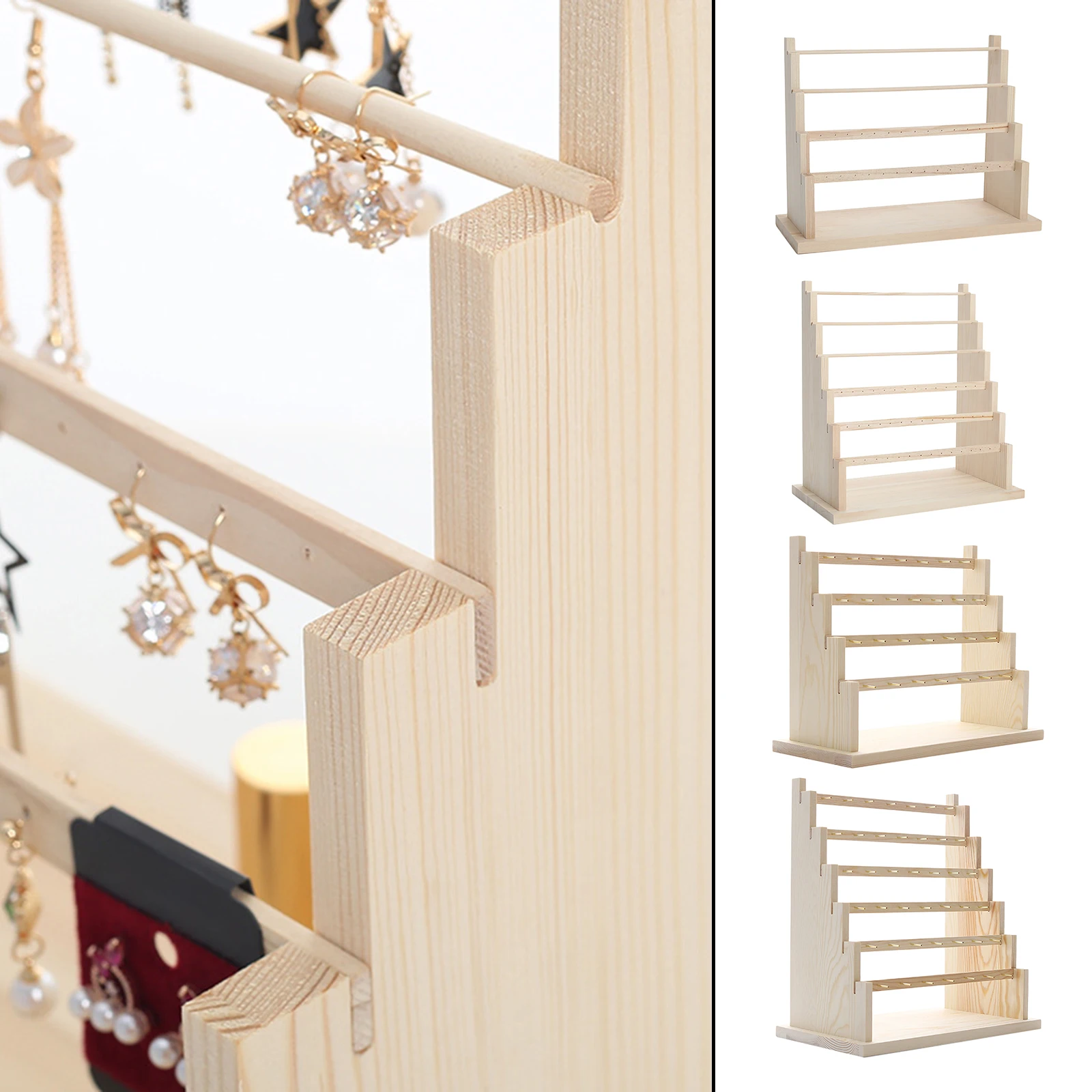 Tiered Wood Jewelry Showcase Rack Wooden Ring Earrings Display Stand Rack