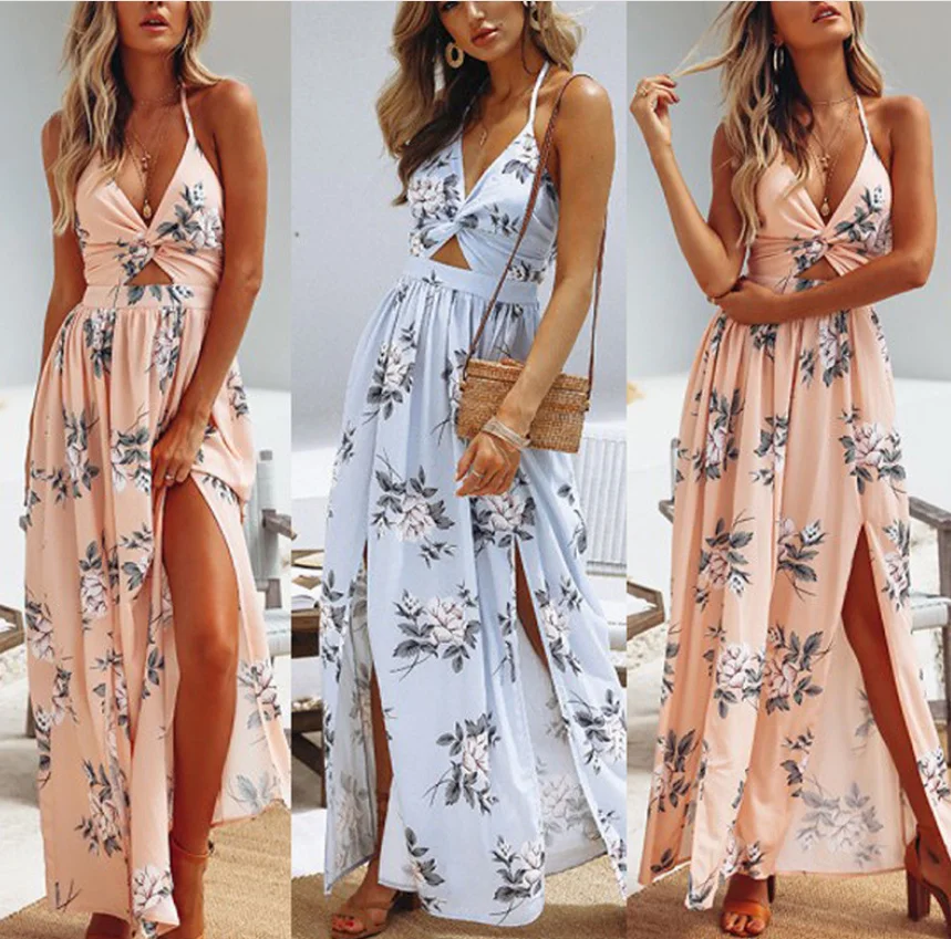 

Drop shipping Cross-border exclusive for Amazon explosions women's sling V-neck chiffon print dress sexy split beach dress