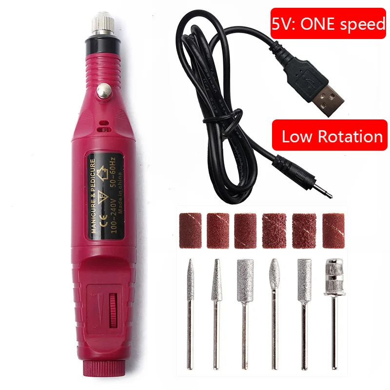 5V ONE Low Speed 1 Набор, 5 В/9 в, профессиональный электрический сверлильный станок для ногтей, маникюрный аппарат, ручка для дизайна ногтей, гель для педикюра, инструмент для удаления кутикулы, новинка, сделай сам - Цвет: 5V ONE Low Speed