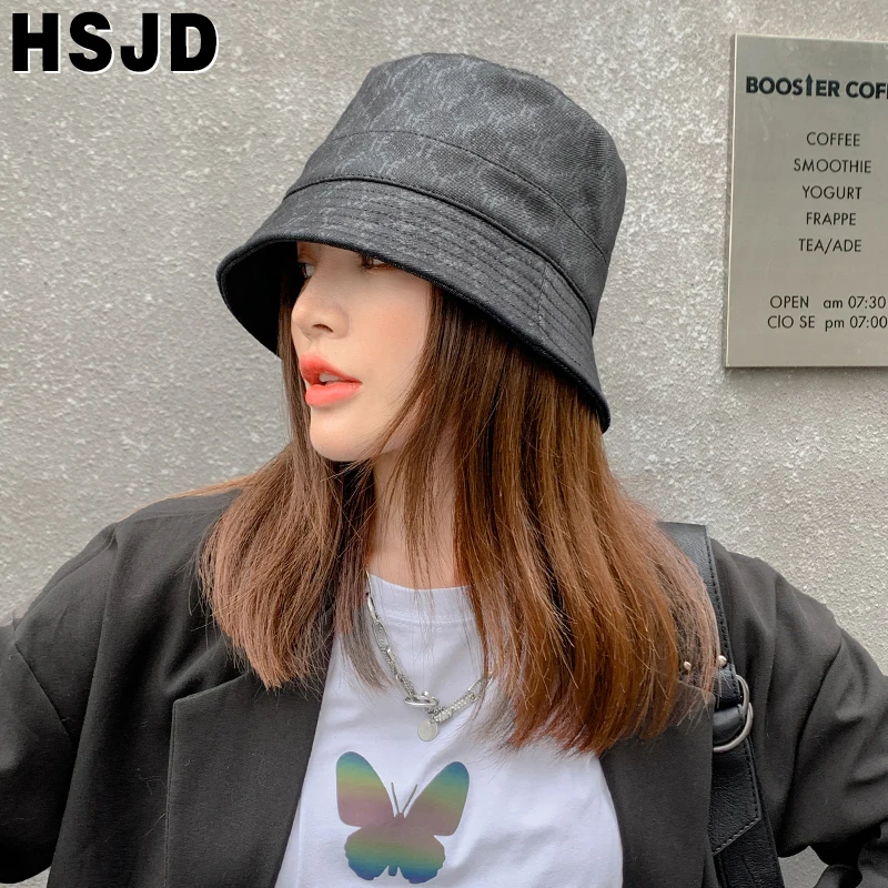 Women Hat Fashion Leather Print Fishing Cap Faux Leather Winter Bucket Hats for Women Panama Fisherman Hats Autumn Female Caps
