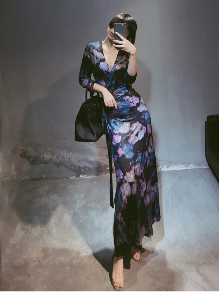 Женское цельнокроеное вечернее платье с поясом и V образным вырезом|Вечерние