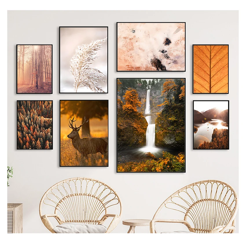 

Waterfall Reed Wall Art Canvas Painting Nordic Posters And Prints Wall Pictures For Living Room Autumn Leaves Forest Deer Lake