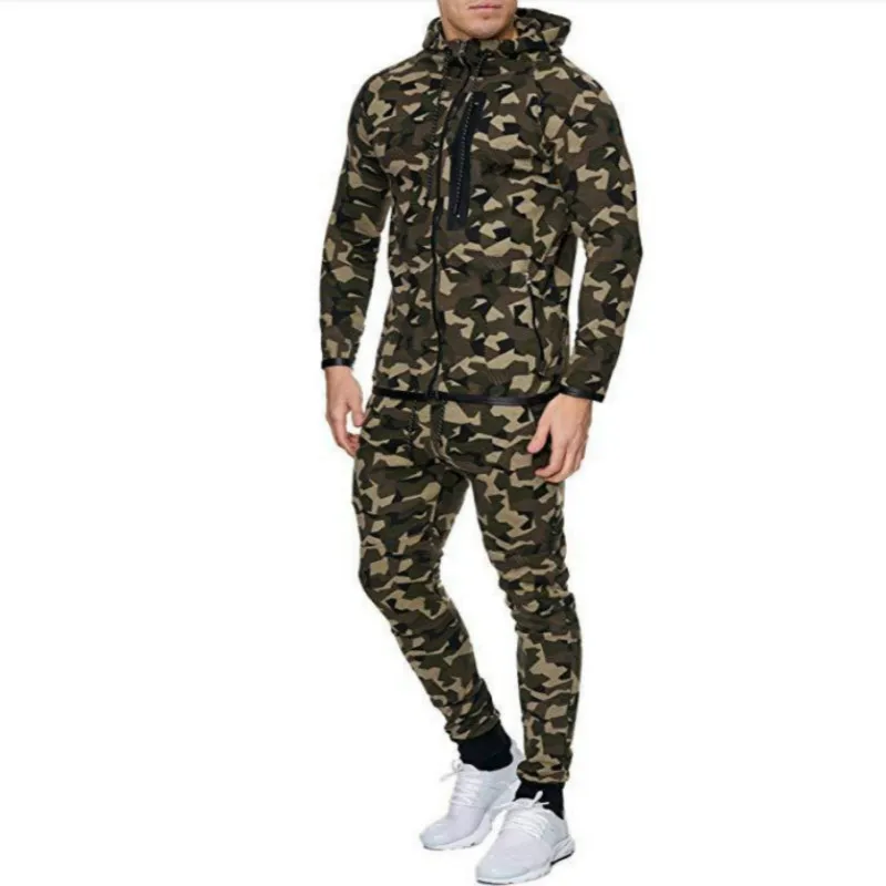 

2020 Autumn New Sets Sweatshirts Camo+Pants 2 Piece Men's Sportswear Hooded Sporting Suit Camouflage Zipper Men Casual Tracksuit