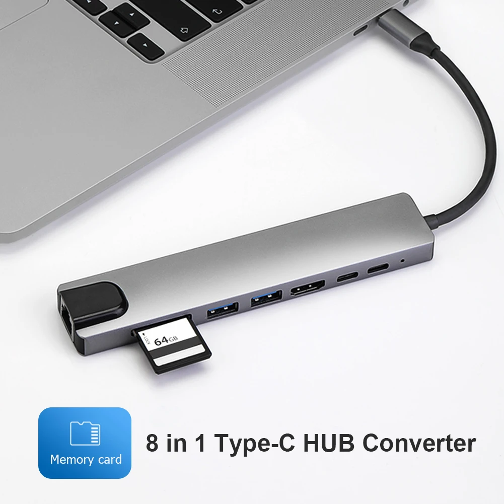 

8 in 1 Type-C HUB Converter Splitter 4K HDMI-compatible 2 USB 3.0 USB C PD SD/TF Card Reader RJ45 Adapter for Laptop PC Tinned C