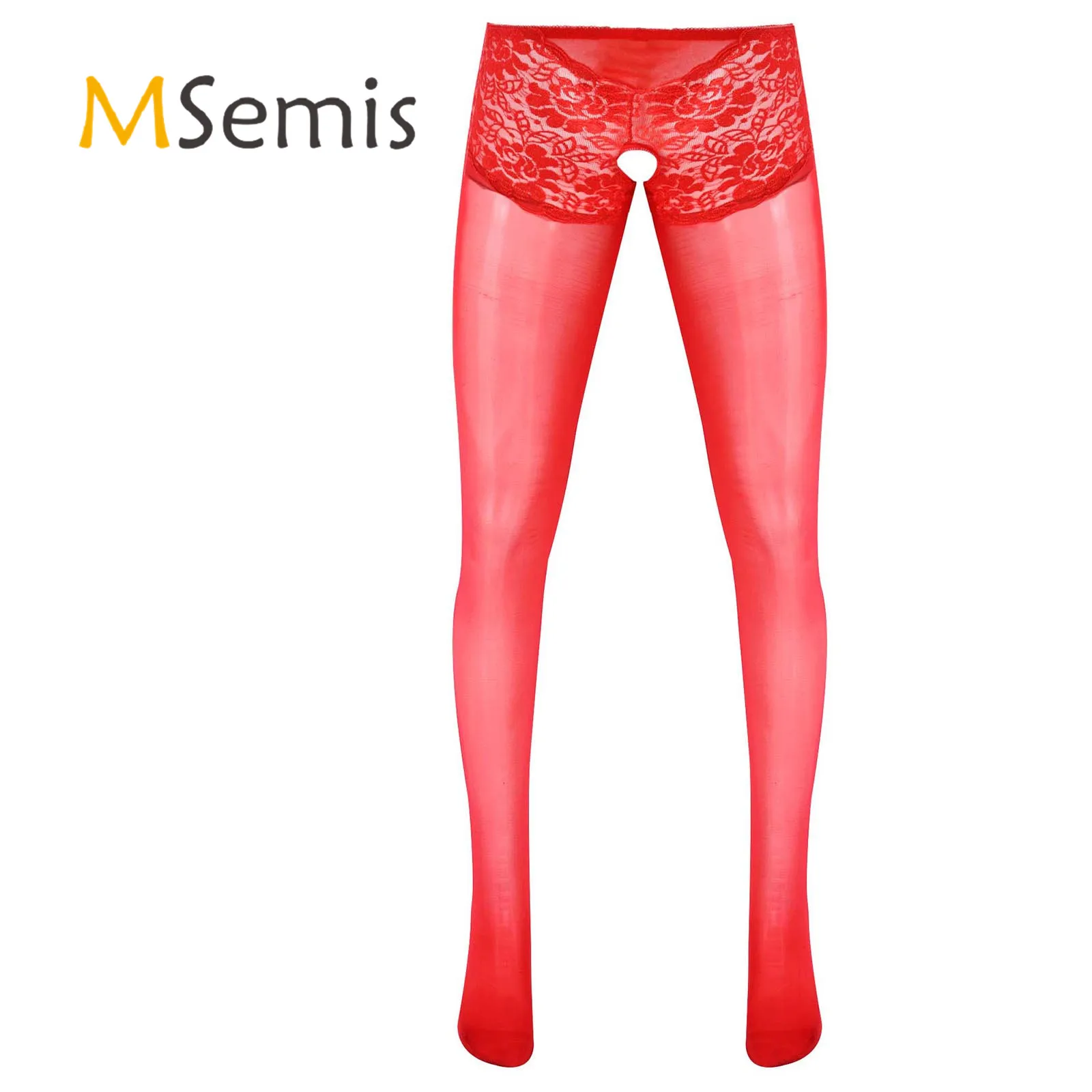 

Mens Lingerie Crotchless Pantyhose Underwear Lace Patchwork Glossy Open Crotch Thin Footed Tights Stockings Sissy Nightwear