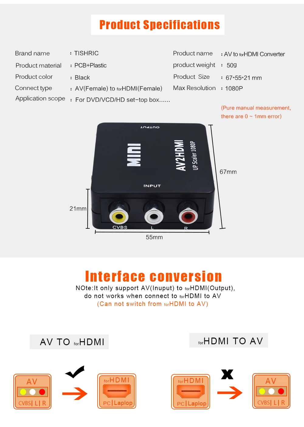 Преобразователь TISHRIC Mini AV в HDMI преобразователь AV2HDMI RCA CVBS к HD 1080P для HDTV PS3 PS4 ПК Xbox