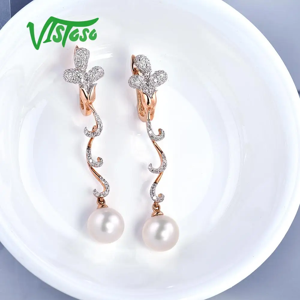 VISTOSO Pure 14K 585 розовое золото сверкающие бриллианты элегантные жемчужные серьги