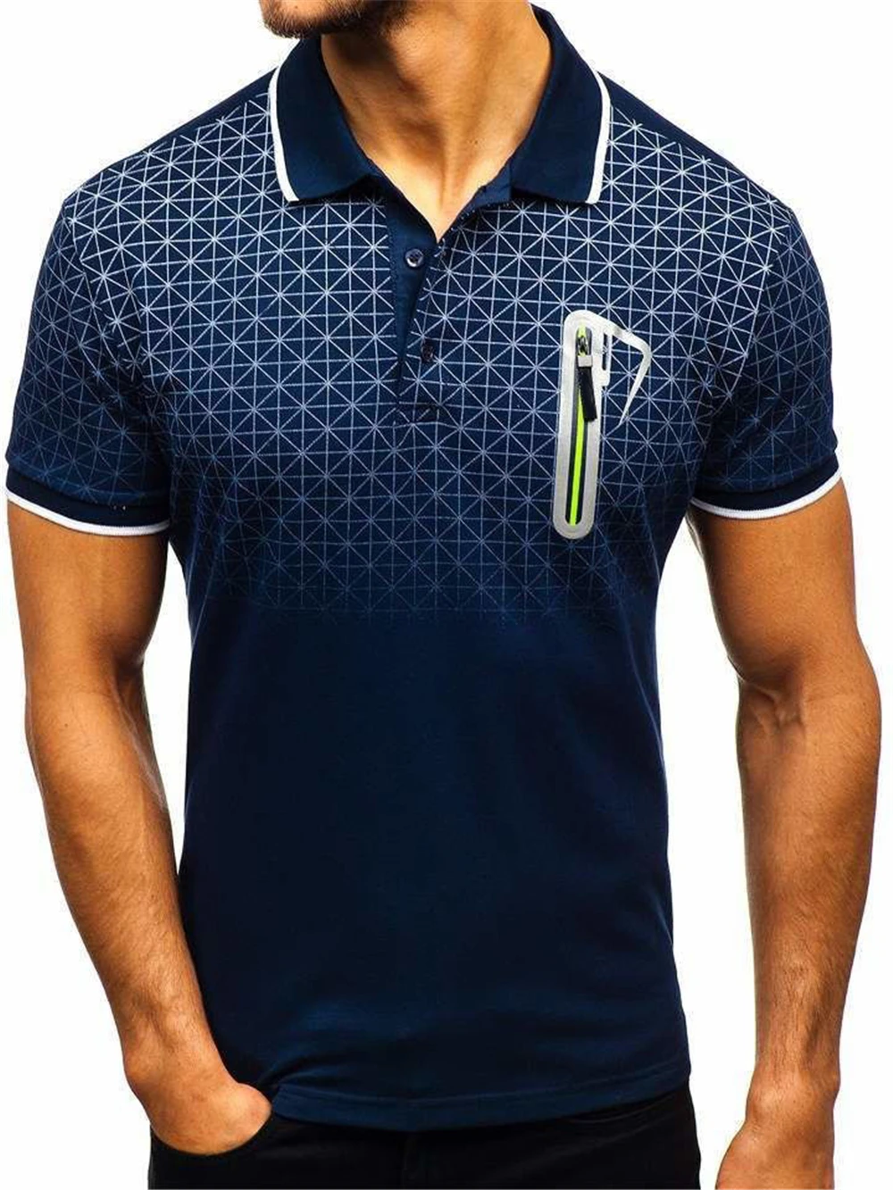 Polo Shirt Men 2021 Summer Casual Short Sleeve Gradient Printing Fake-Pocket Turn-Down Collar Breathable T-Shirts Plus Size 3XL