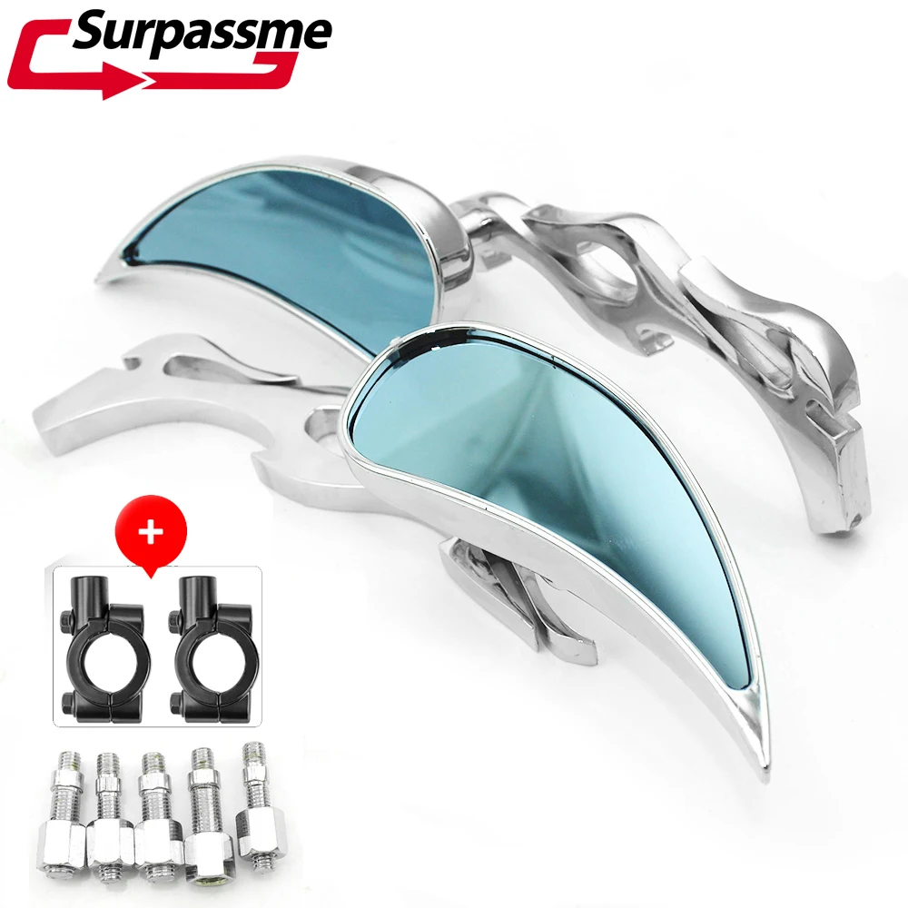 

Chrome Custom Flame Tear Drop Motorcycle Side Mirrors with Mount For Scooters Sport Bike Touring Bikes Cruisers Sportster