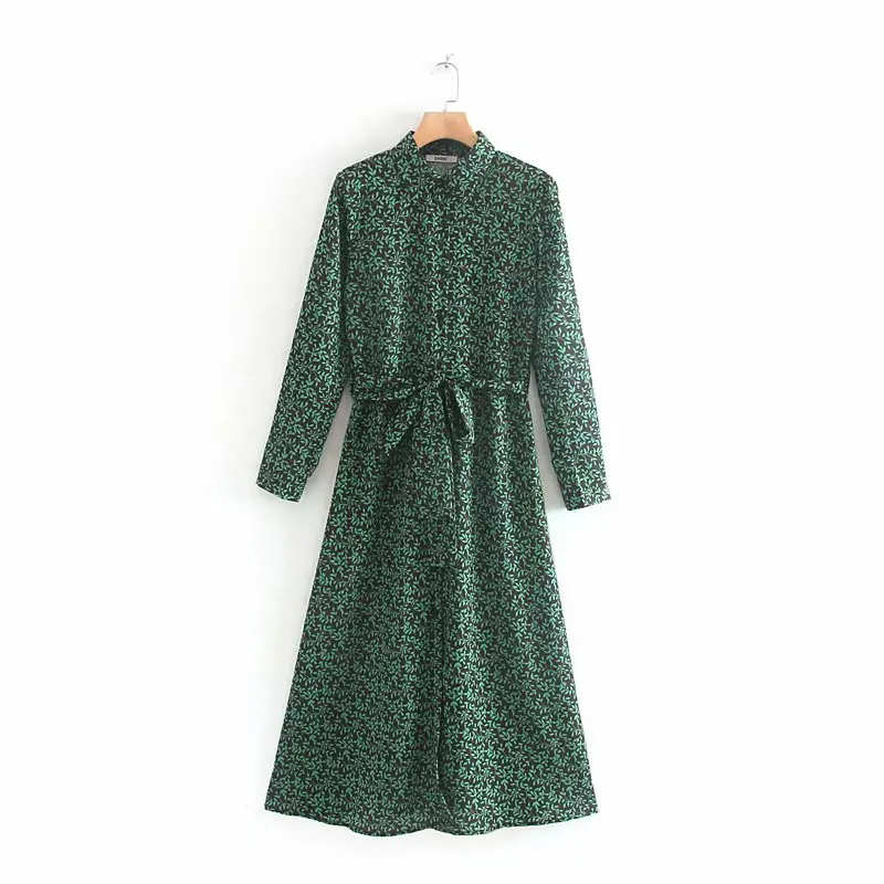 as pic DS2832LD Новые женские винтажные зеленые печать листьев шикарные рубашки платье дамы Лук кимоно с завязками vestidos Повседневные тонкие миди платья DS2832 - Цвет: as pic DS2832LD