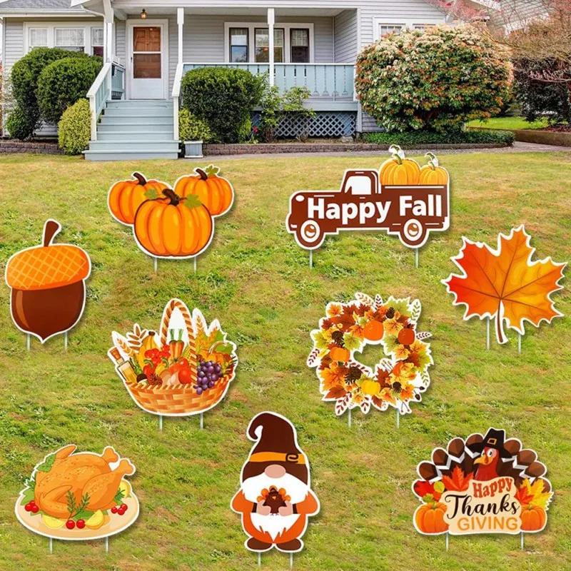 

Thanksgiving Yard Signs Stakes 9PCS Pumpkins Turkey Maple Leaf Gardens Yard Sign Happy Fall Thanksgiving Outdoor Lawn Decoration
