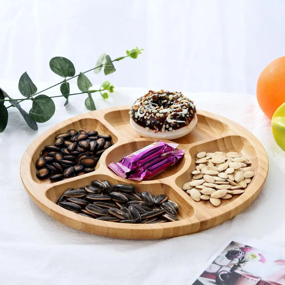 

5 Grids Wood Round Shape Fruit Snack Bread Nuts Refreshment Holder Storage Plate