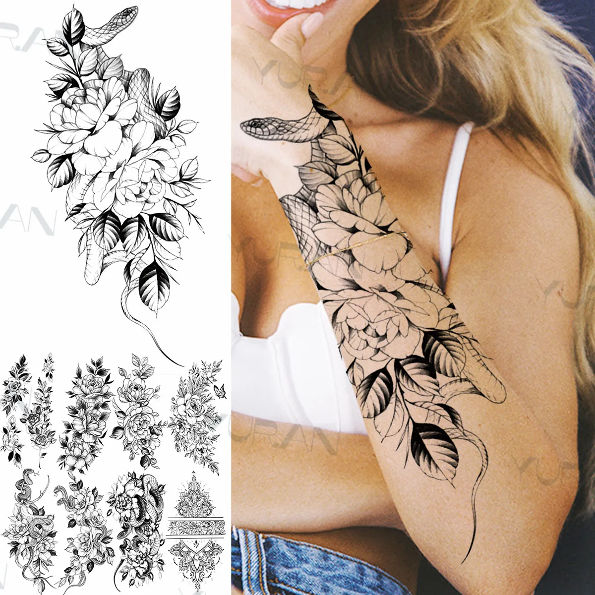 

Serpent Snake Flower Fake Tattoo Sticker For Women Wen Henna Rose Butterfly Peony Temporary Tattoo Water Transfer Tatoo Paste