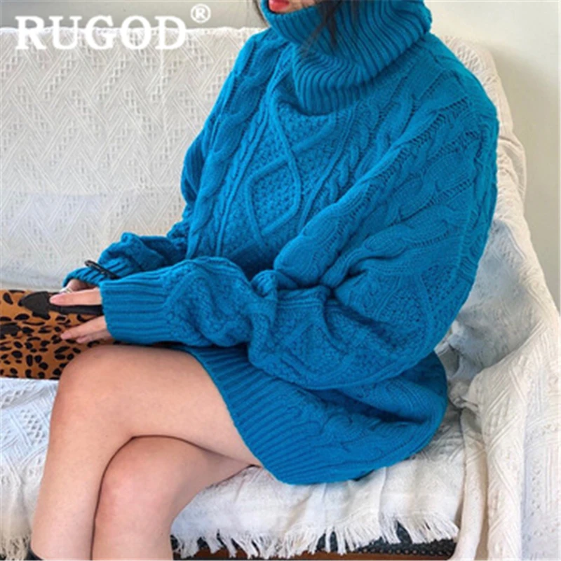 Синий RUGOD Новое поступление, Однотонный свитер, платье для женщин, водолазка, свободное прямое тонкое мини платье, модное женское элегантное сексуальное вязаное платье - Цвет: Синий