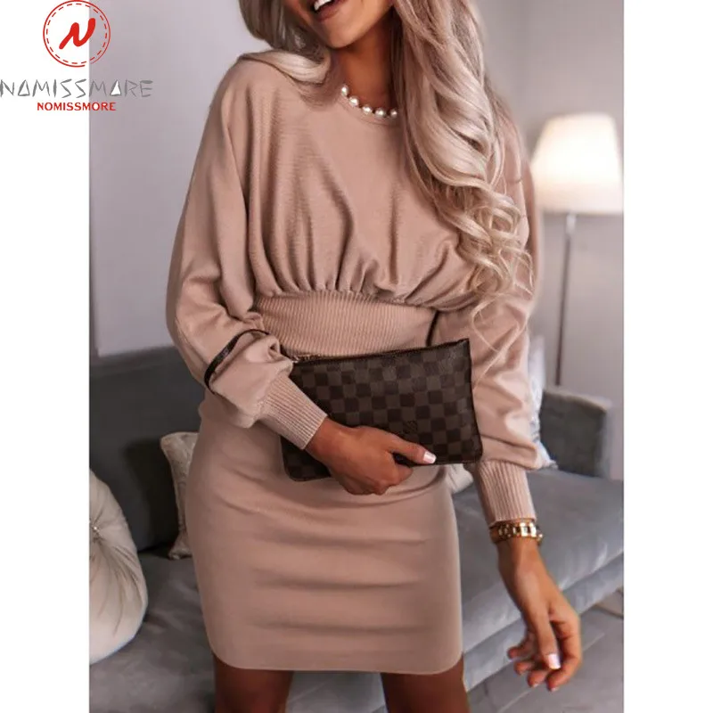 

Elegant Office Lady Solid Color Pencil Dress for Streetwear Patchwork Design O-Neck Elastic Waist Spring Autumn Slim Hips Dress