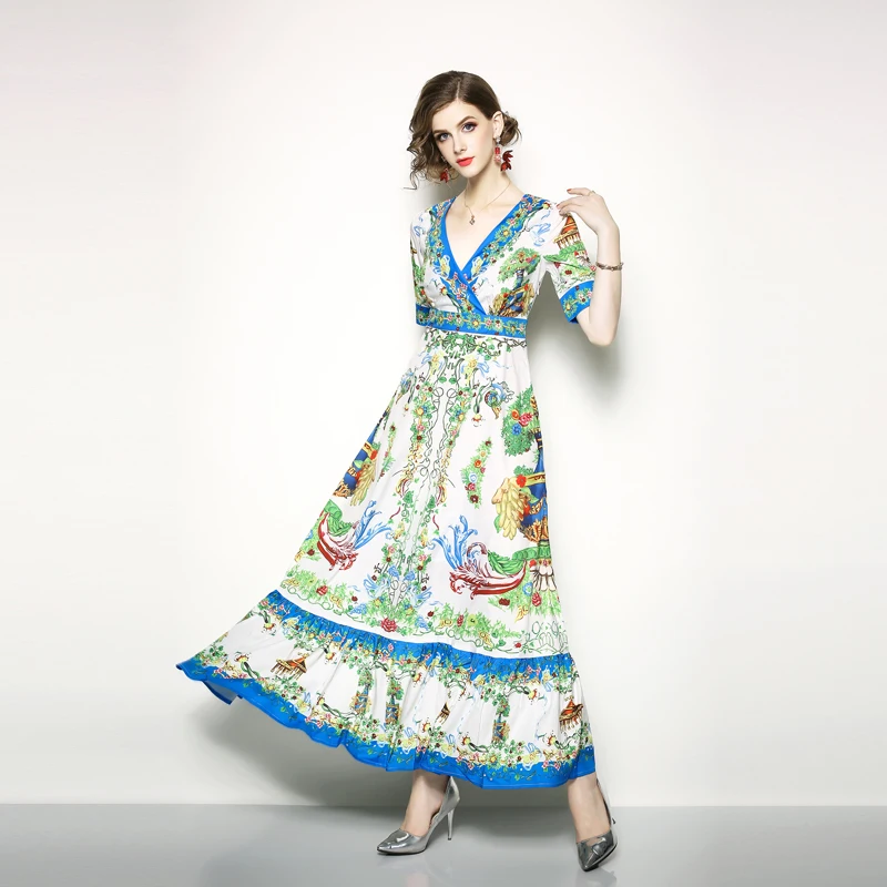 Женское длинное вечернее платье модельное Платье макси с винтажным принтом