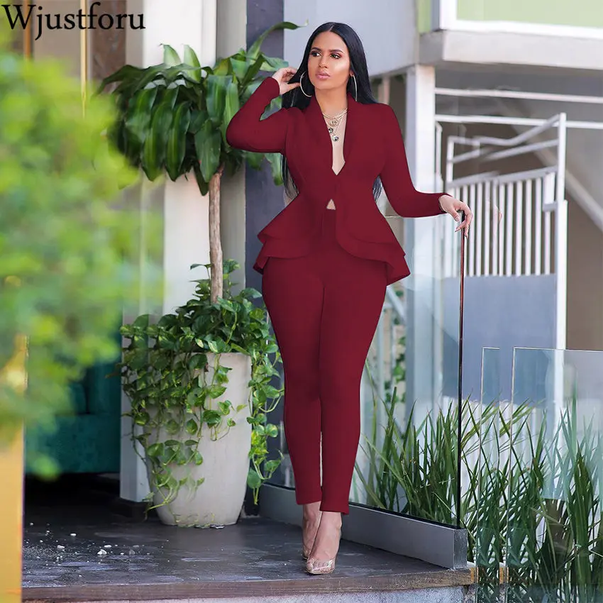 Повседневный офисный костюм Wjustforu Женский деловой с объемными оборками и брюками