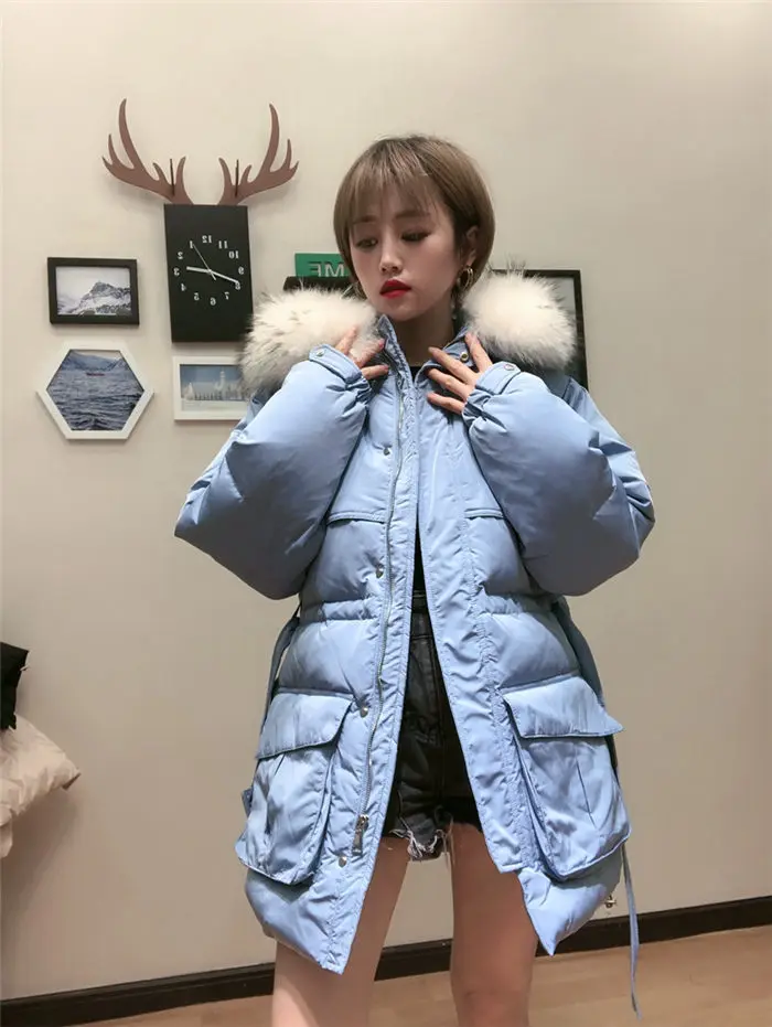 White Down Coat Winter Woman Fashion New Hooded Fur Collar Warm Thicken Cotton Clothing Casual Parkas Belt Overcoat f1401