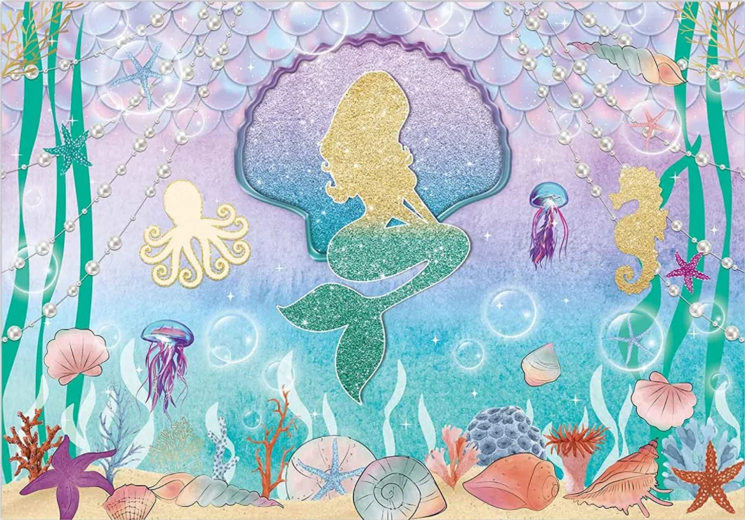 Little Mermaid Party Backdrop Under The Sea Scales Girl Baby Shower Princess Birthday Banner Pearl Shell Background enlarge