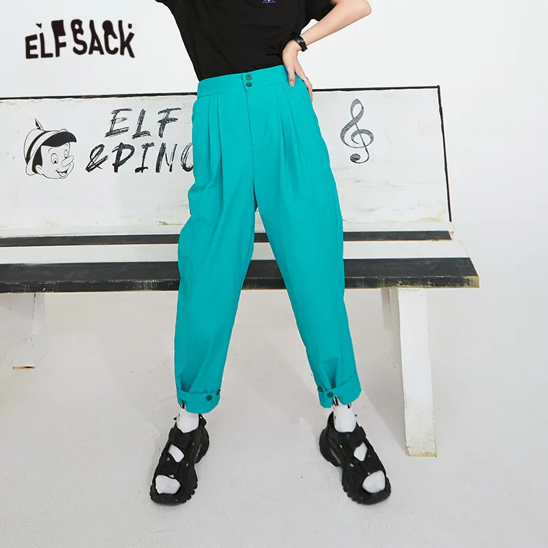 

ELFSACK Solid Pure High Waist Straight Casual Minimalist Women Pants 2021 Spring ELF Korean Ladeis Daily Basic Harem Trouser