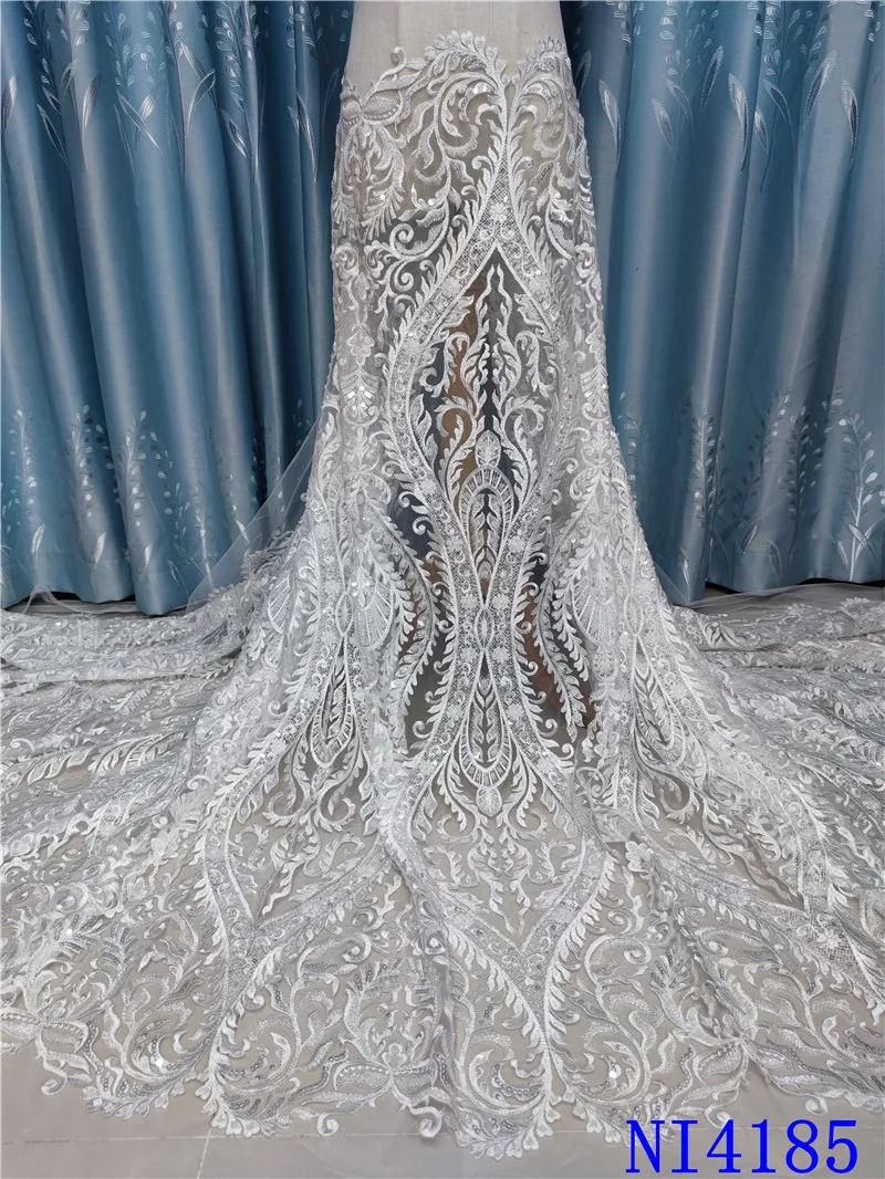

NIAI Handmade Pearls Lace Fabrics Top Quality 5yards Nigerian White Lace Fabric Heavy Beaded Lace Fabric NI4185