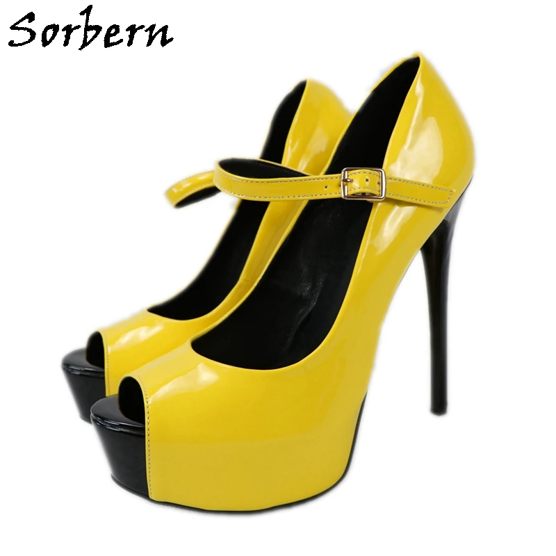 

Sorbern Bright Yellow Women Pumps Mary Janes Platform Ladies Heels Peep Toe Plus Size Women'S Dress Shoes Party Custom Colors
