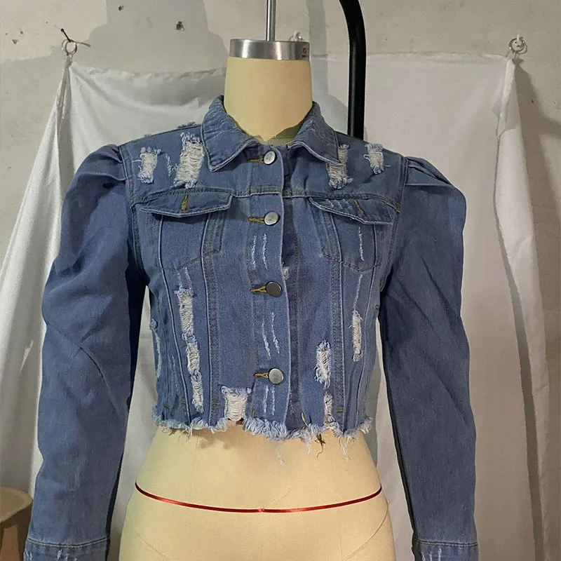 

Autumn Plus Size 5XL Denim Jacket Women Puff Sleeve Hole Single Breasted Short Denim Coat Female 2021 Casual Streetwear Jackets