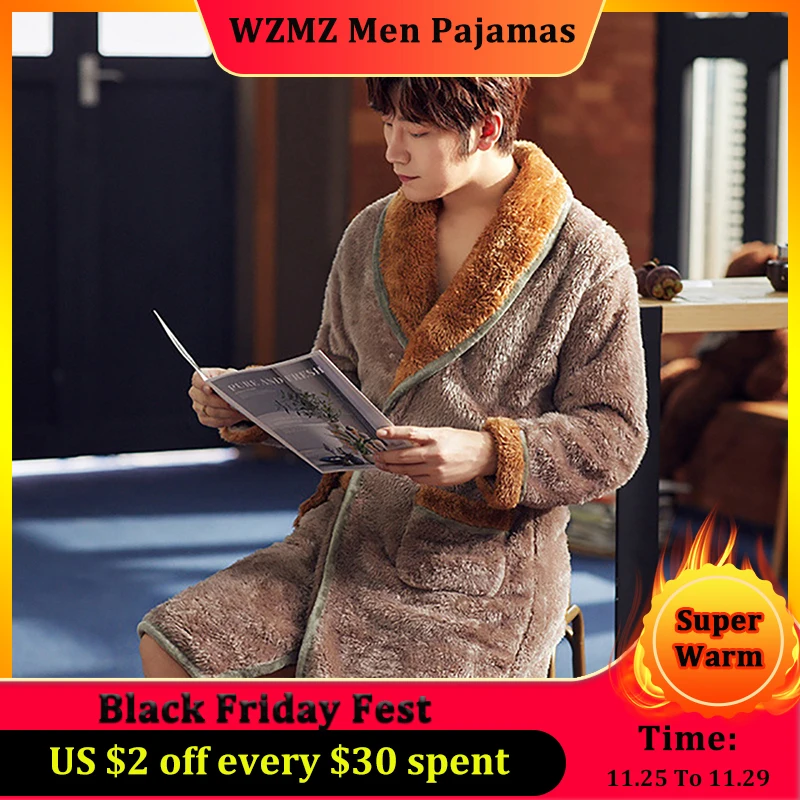 

Men Winter Long Coral Fleece Bathrobe Kimono Thick Warm Flannel Bathrobe Casual Robe Bath Cozy Night Sleepwear Dresses Home Wear